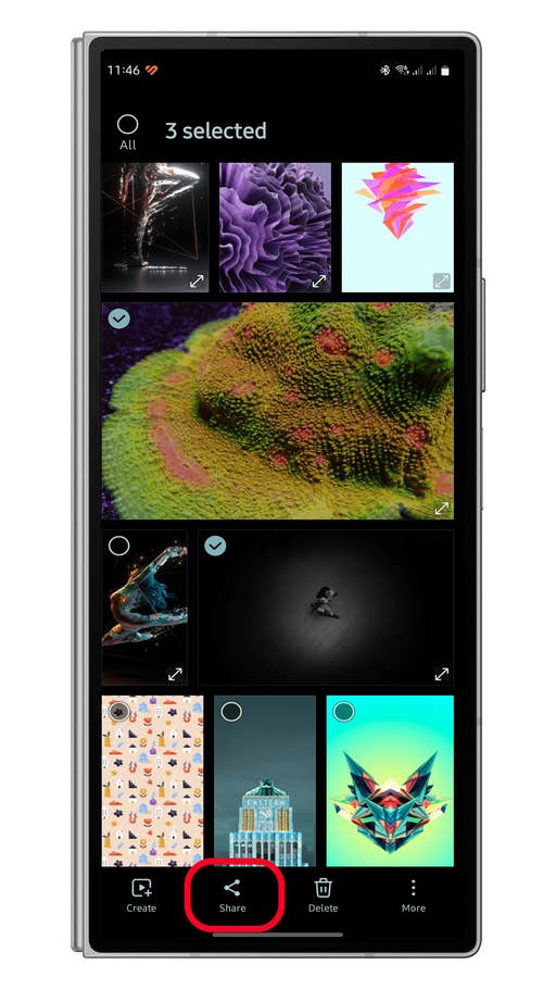 A mobile screen displaying selected images with a prominent u0027Shareu0027 button highlighted.