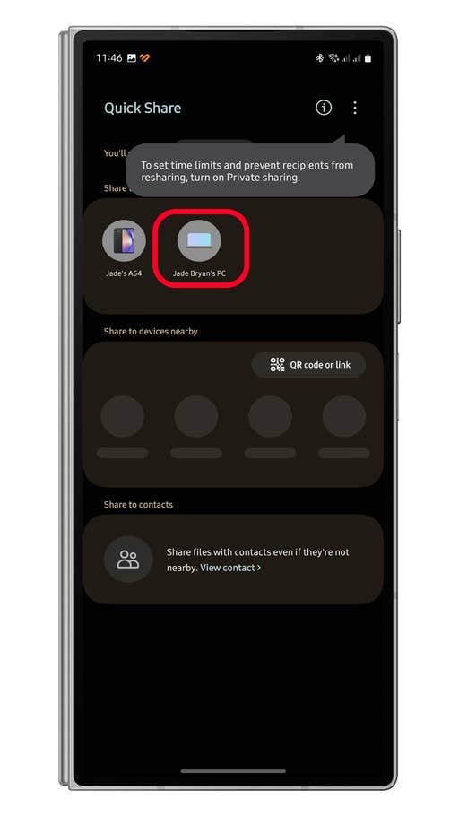 Smartphone screen displaying u0027Quick Shareu0027 options, highlighting u0027Jade Bryanu0027s PCu0027.