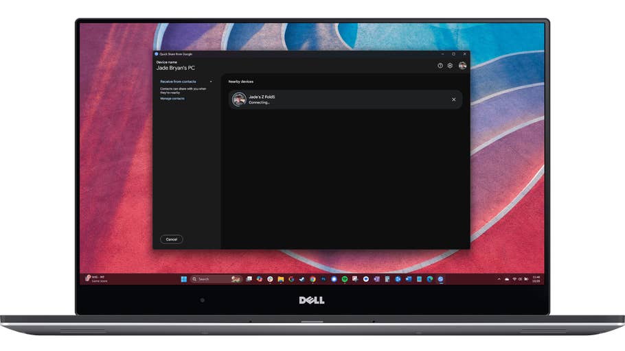 A laptop screen displaying u0027Quick Share from Googleu0027 with device name u0027Jade Bryanu0027s PCu0027 and connection status.