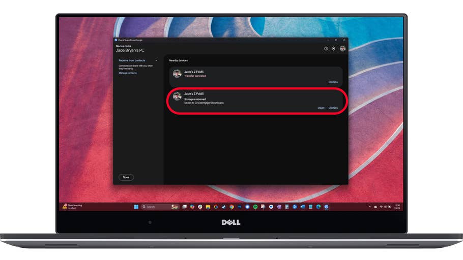 Laptop screen displaying Google Quick Share interface with nearby devices and image transfer details.