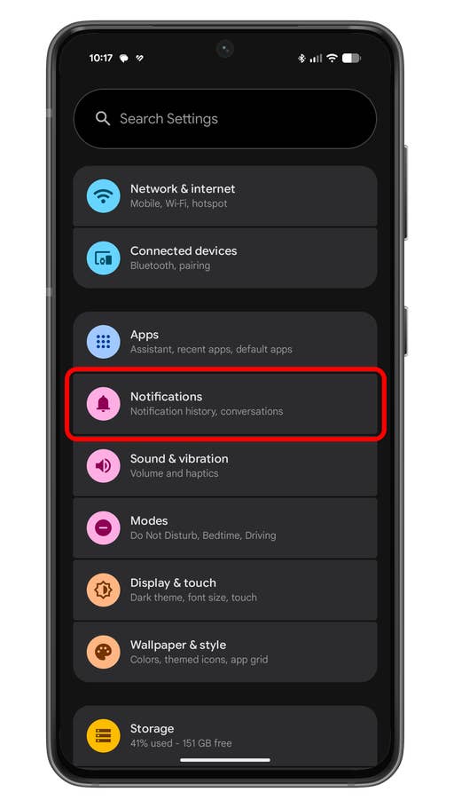 Android settings menu displaying options like Network u0026 internet, Notifications, and Storage.