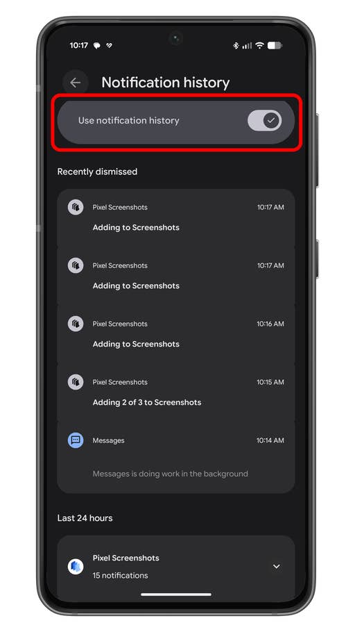 Android phone screen displaying notification history settings.