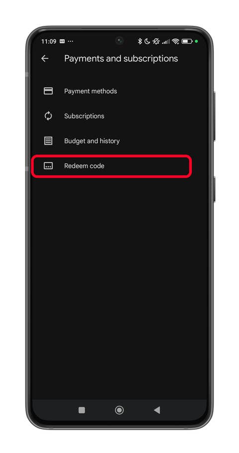 Mobile screen displaying u0027Payments and subscriptionsu0027 menu with u0027Redeem codeu0027 option highlighted.