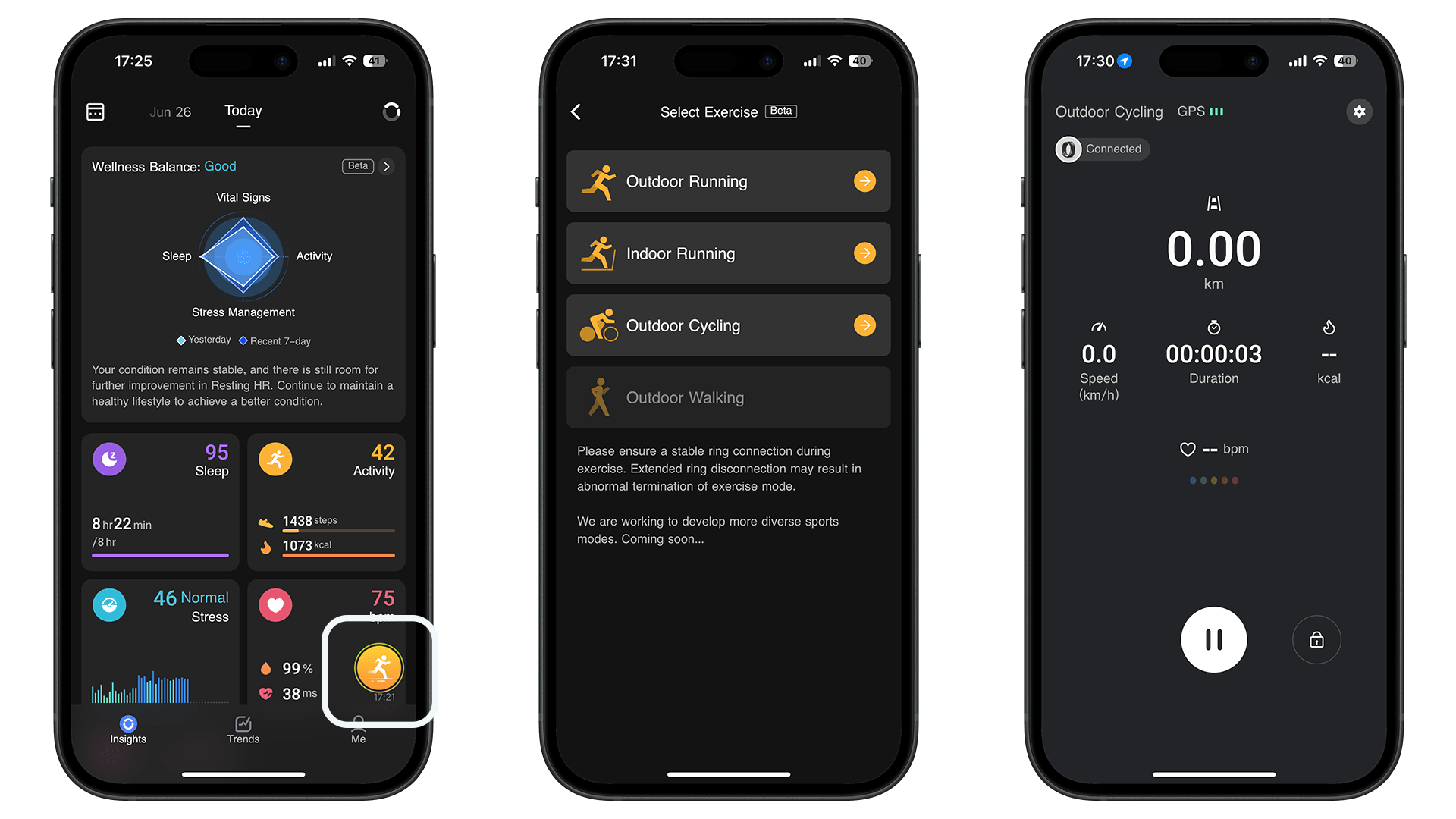 Screenshots of the RingConn Smart Ring Companion App UI
