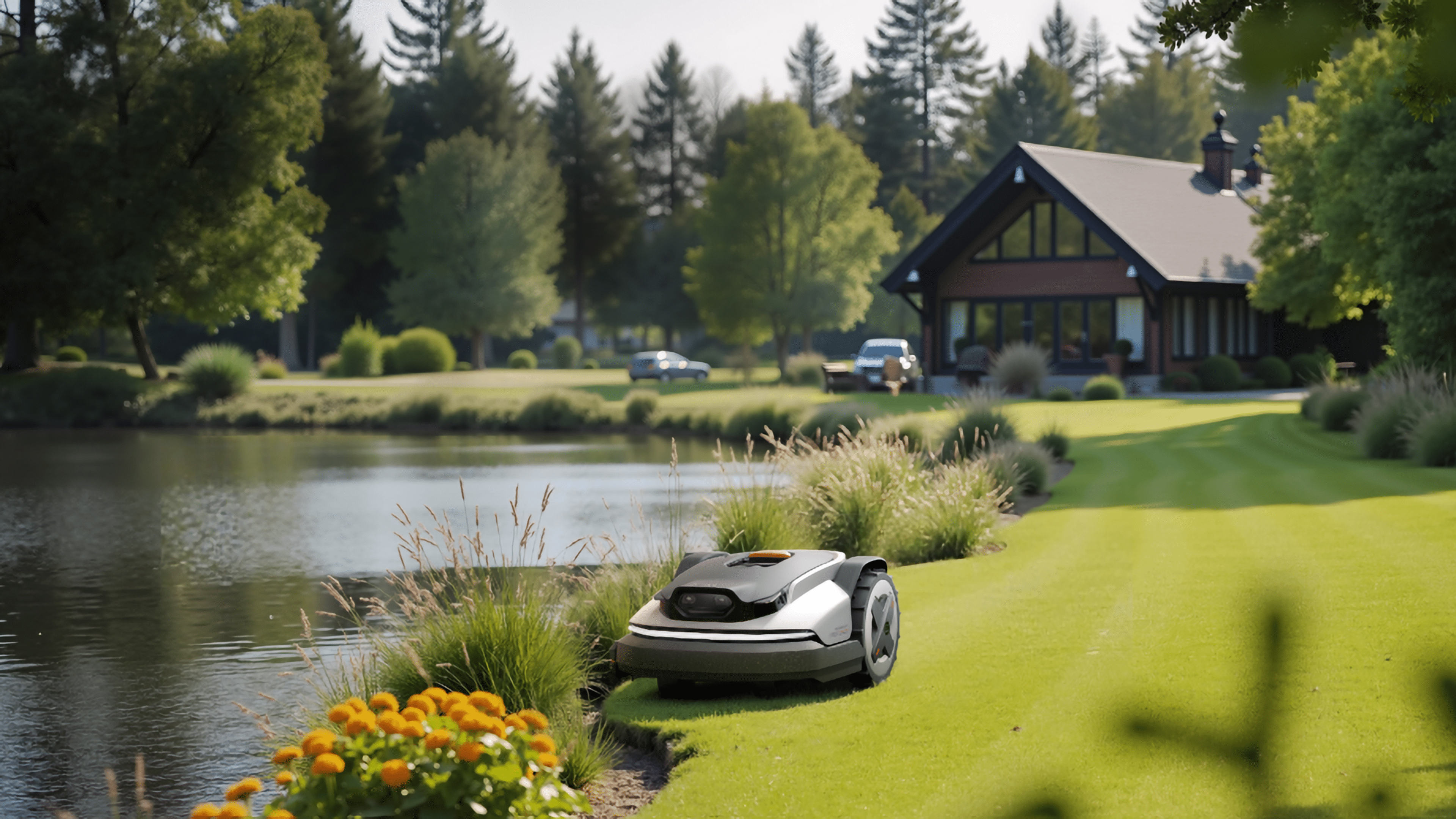 A Roborock lawn mower robot on a grassy bank near a calm pond with a house in the background.