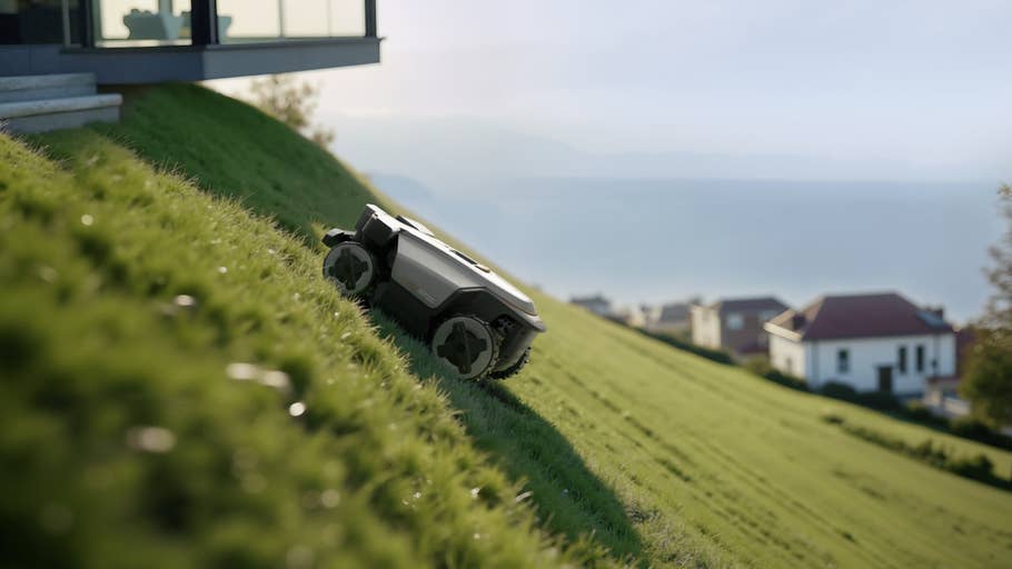 Roborock RockMow Z1 mowing grass on a sloped lawn near a modern house overlooking the sea.