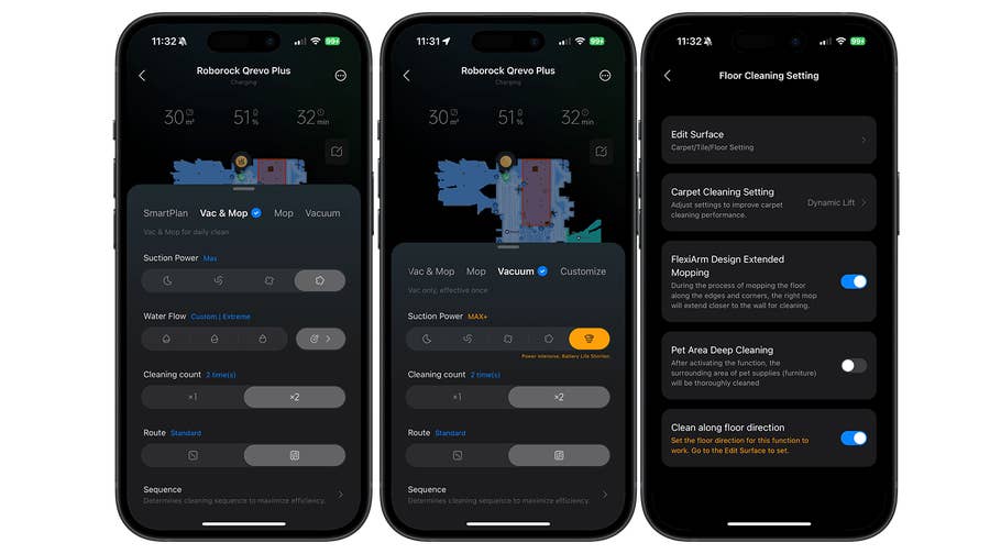 Screenshots from the Roborock app