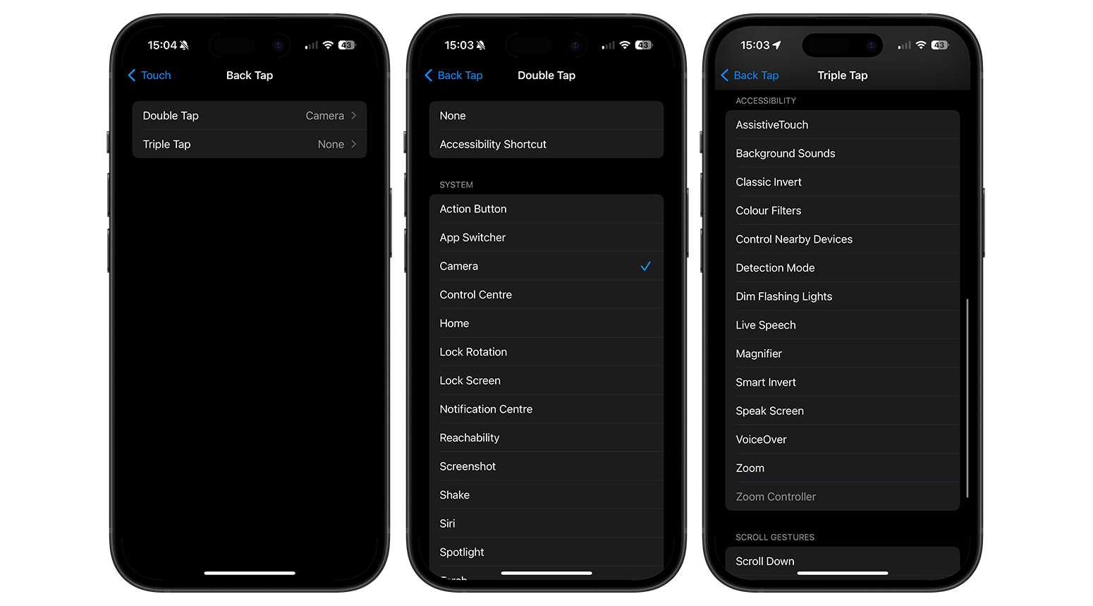 There is a bunch of commands to choose from which you can associate with the Back Tap feature.