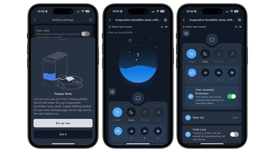 Three smartphone screens displaying the SwitchBot S10 humidifier app settings.
