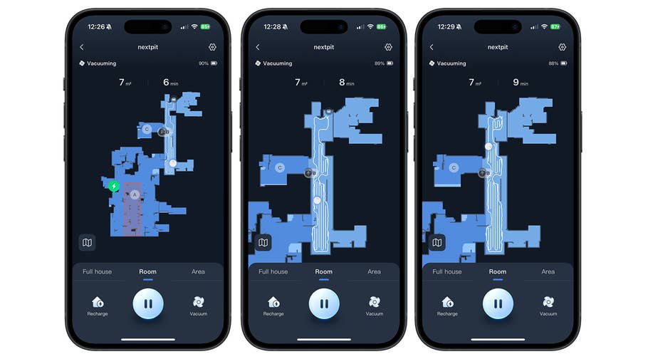 Three smartphone screens show the SwitchBot S10 robot vacuum cleaner with maps and status updates.