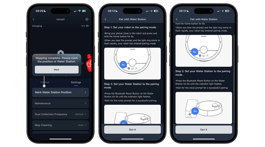 SwitchBot S10 mobile app setup interface showing steps to pair the robot and water station.