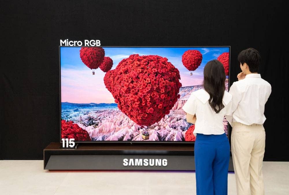Samsung 115" Micro RGB TV displaying colorful hot air balloons, with two viewers admiring the screen.