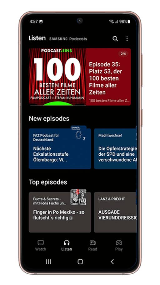Samsung Podcasts app interface showing episode details and new episodes.
