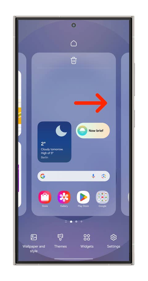 Samsung phone screen displaying widgets and apps, with a weather widget and a u0027Now briefu0027 notification.