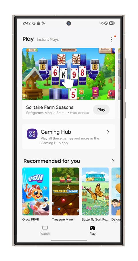 Samsung device screen displaying the Play Store with u0027Solitaire Farm Seasonsu0027 and game suggestions.