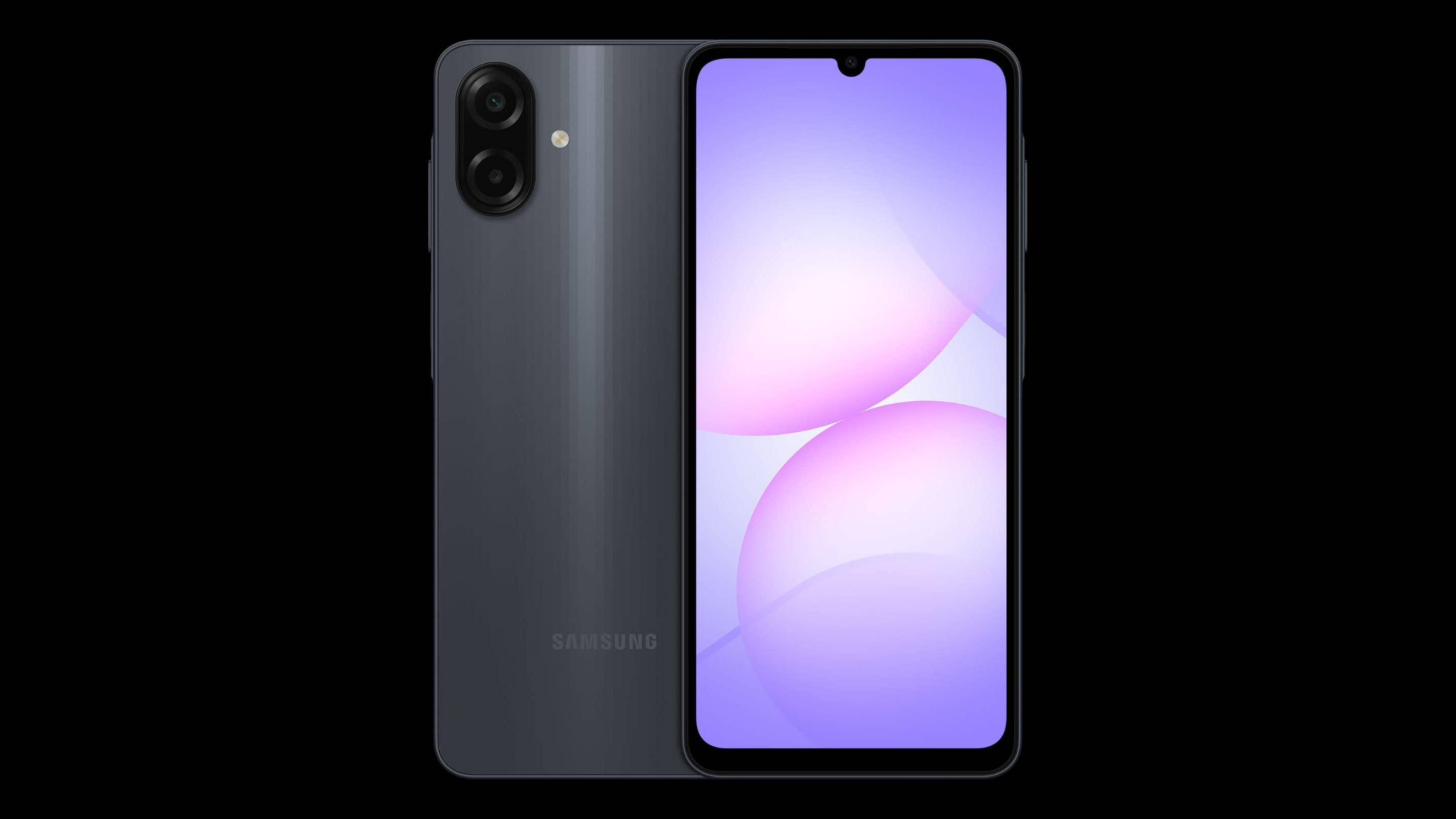 Samsung Galaxy A07 smartphone with a purple gradient display and dual rear cameras.