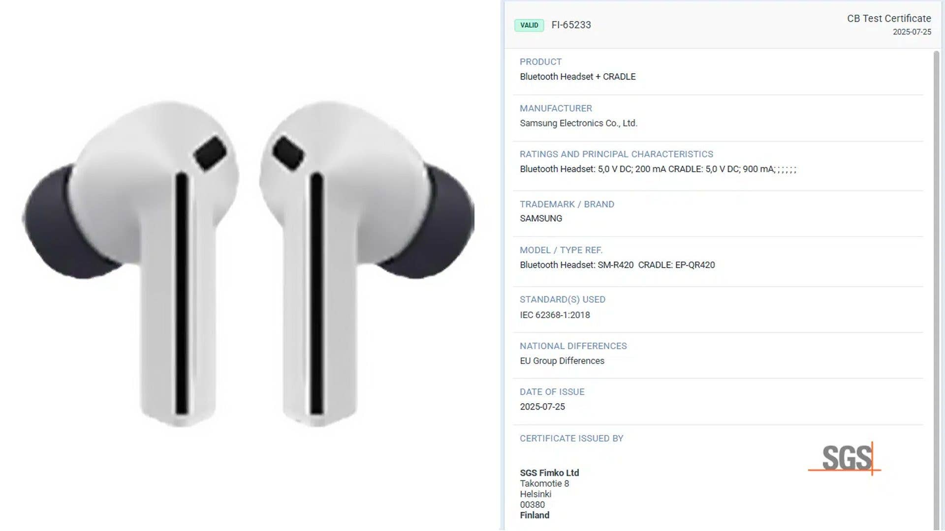 Samsung Galaxy Buds 3 FE render and new certification revealing their battery sizes