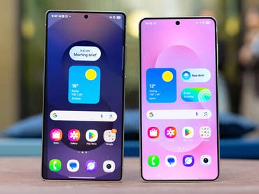 Two Samsung Galaxy S25 Ultra smartphones side by side, displaying weather and app icons.