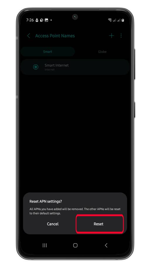 Samsung Galaxy connection settings for resetting APN