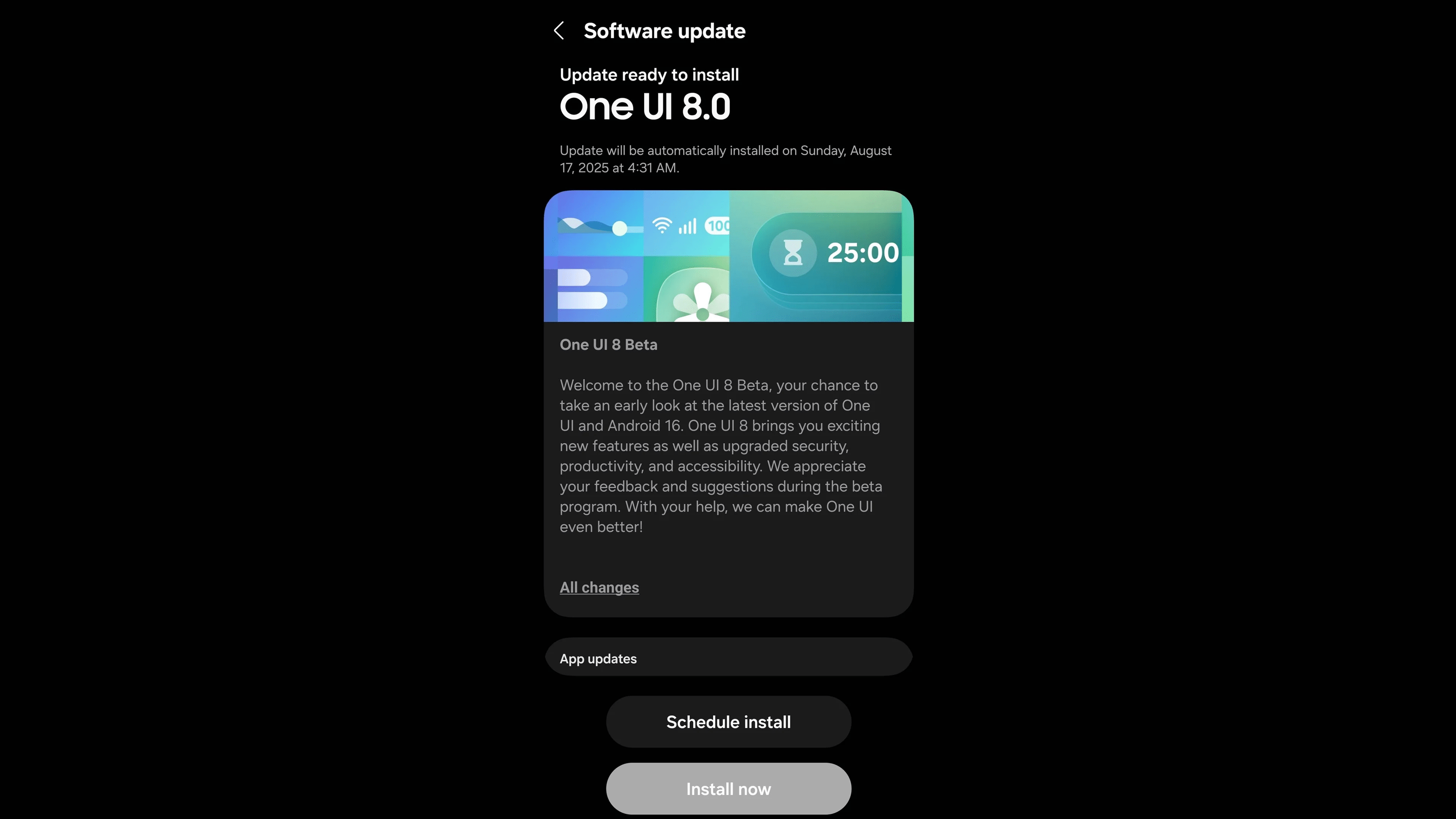 Software update for One UI 8.0 ready to install on a Samsung Galaxy S24 Ultra.