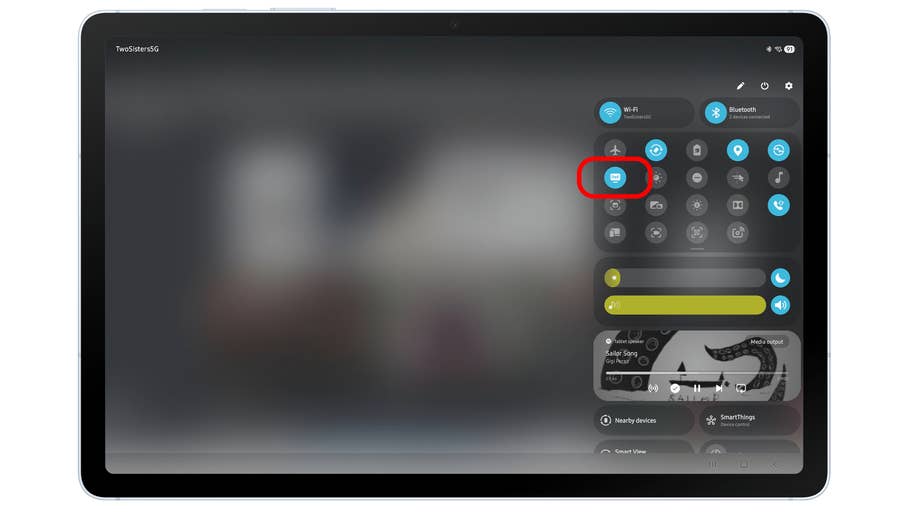 Samsung Galaxy Tab S10 FE displaying a control panel with Wi-Fi and Bluetooth options.