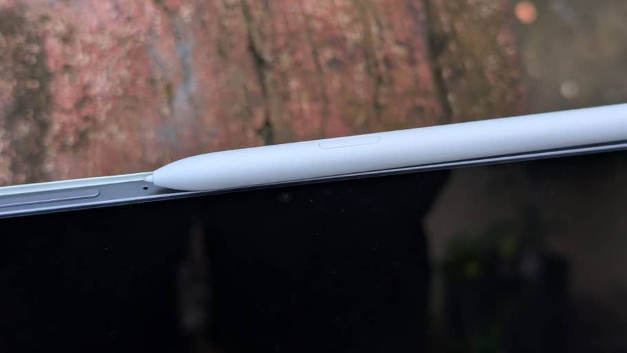 Close-up of a Samsung Galaxy Tab S10 FE with an S Pen resting on its edge.