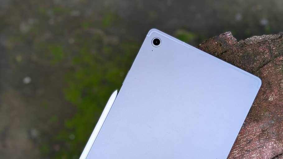 Samsung Galaxy Tab S10 FE lying on a surface with a visible camera on the back.