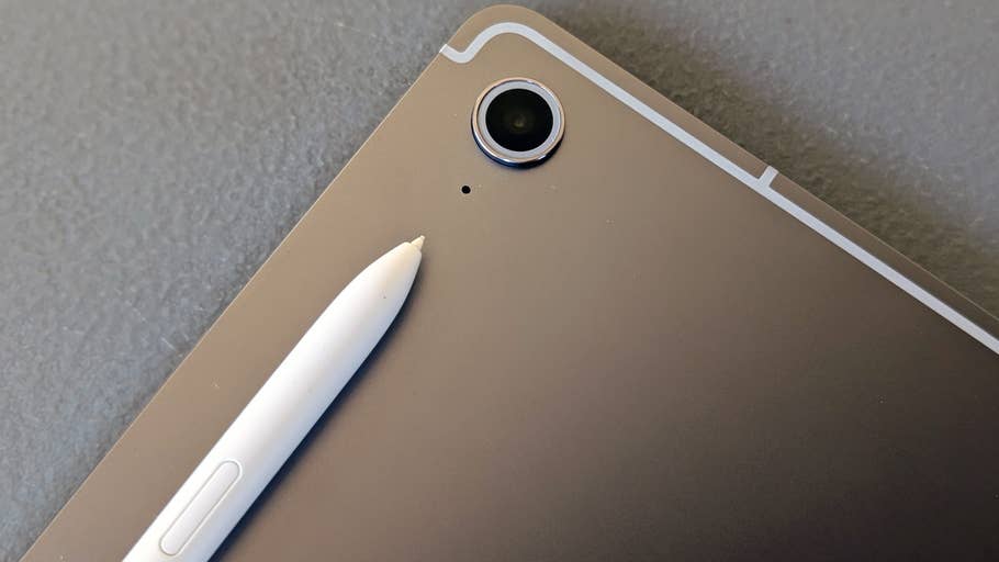 Close-up of a Samsung Galaxy Tab S10 FE with a stylus and camera.