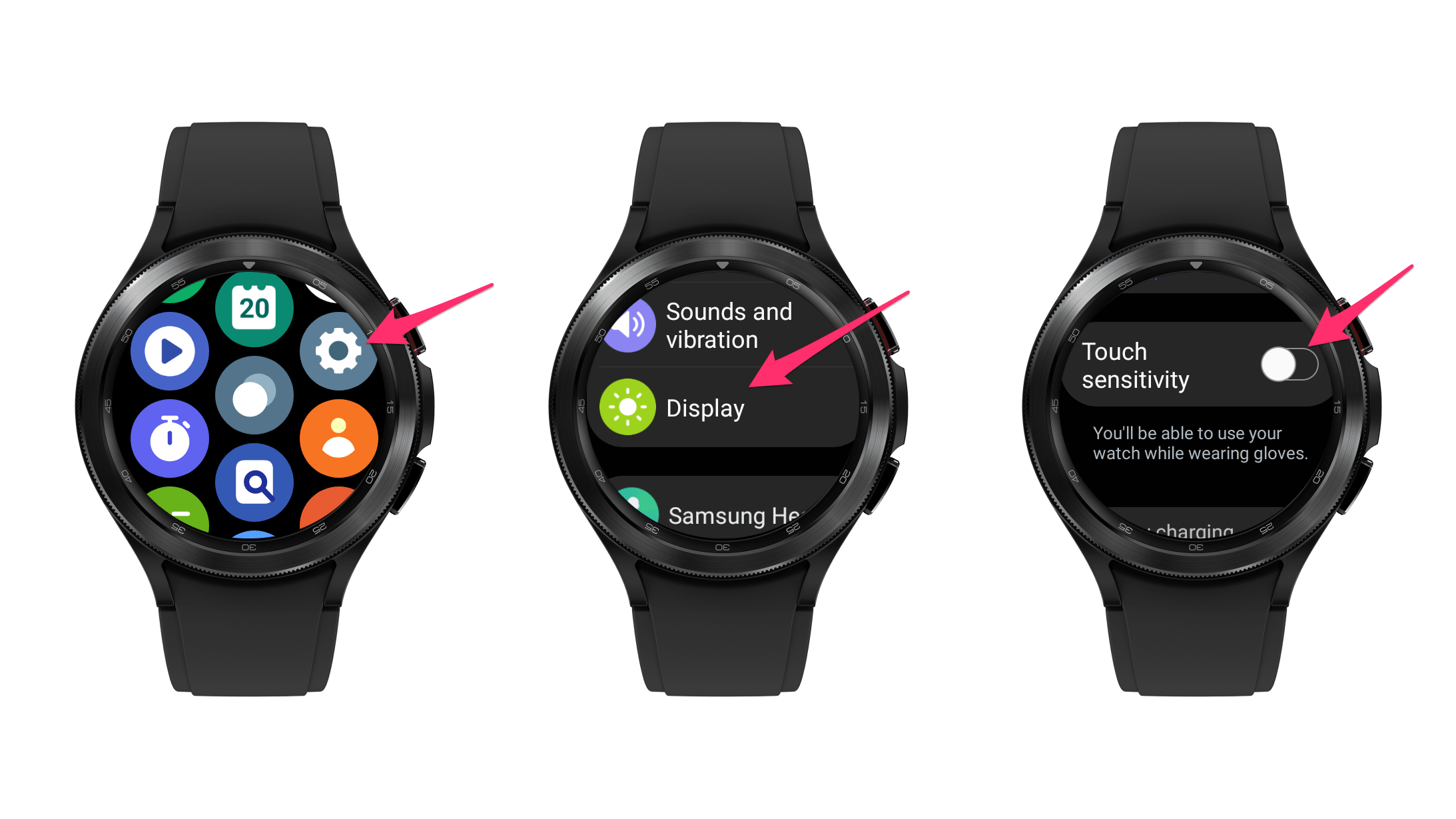 Screenshots, die zeigen, wie man den Handschuh-Modus der Samsung Galaxy Watch 4 aktiviert.