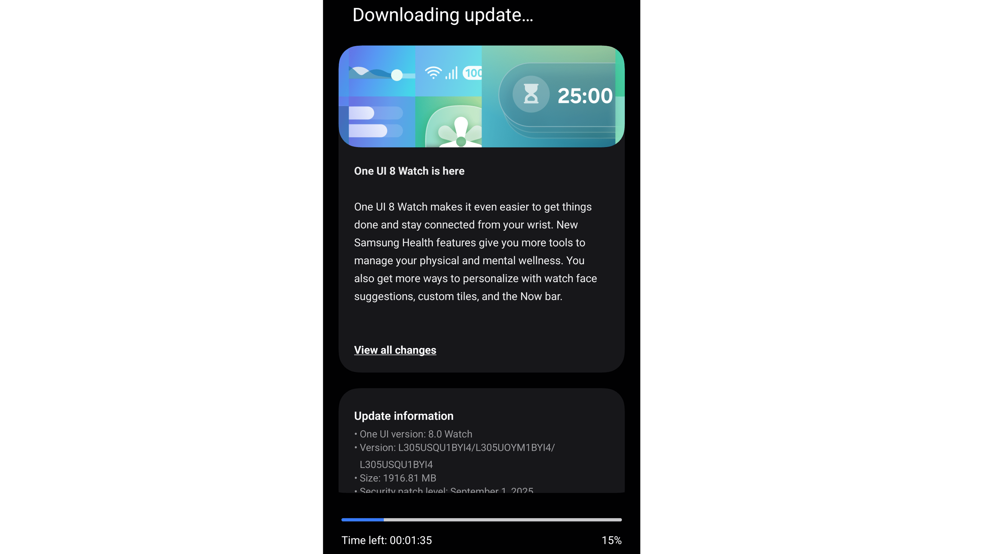 Samsung Galaxy Watch 7 update screen showing progress, time left, and new features.