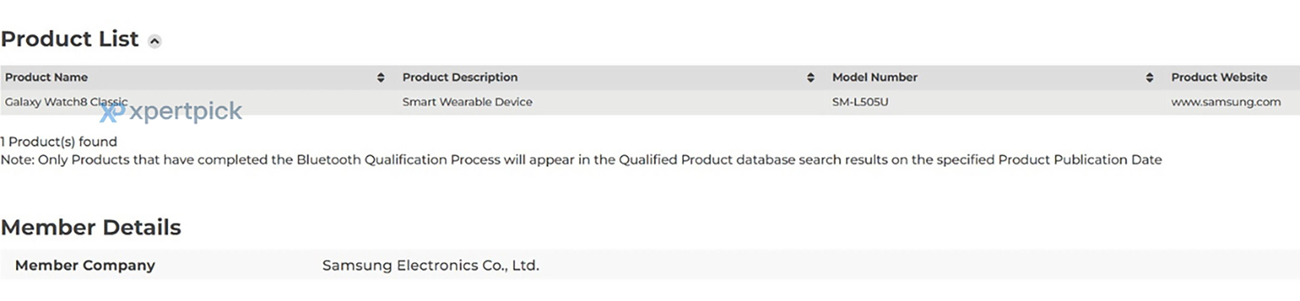 Product list showing Galaxy Watch8 Classic details from Samsung Electronics Co., Ltd.