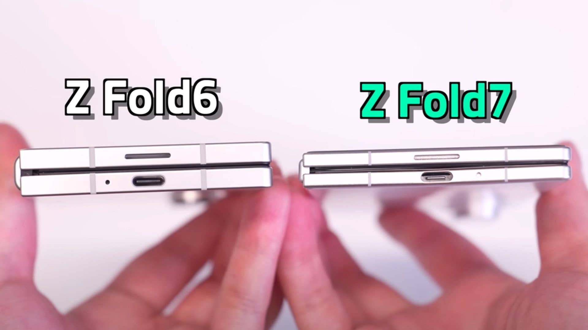 Two Samsung Galaxy Z Fold smartphones side by side, labeled Z Fold6 and Z Fold7. Two Samsung Galaxy Z Fold smartphones side by side, labeled Z Fold6 and Z Fold7.