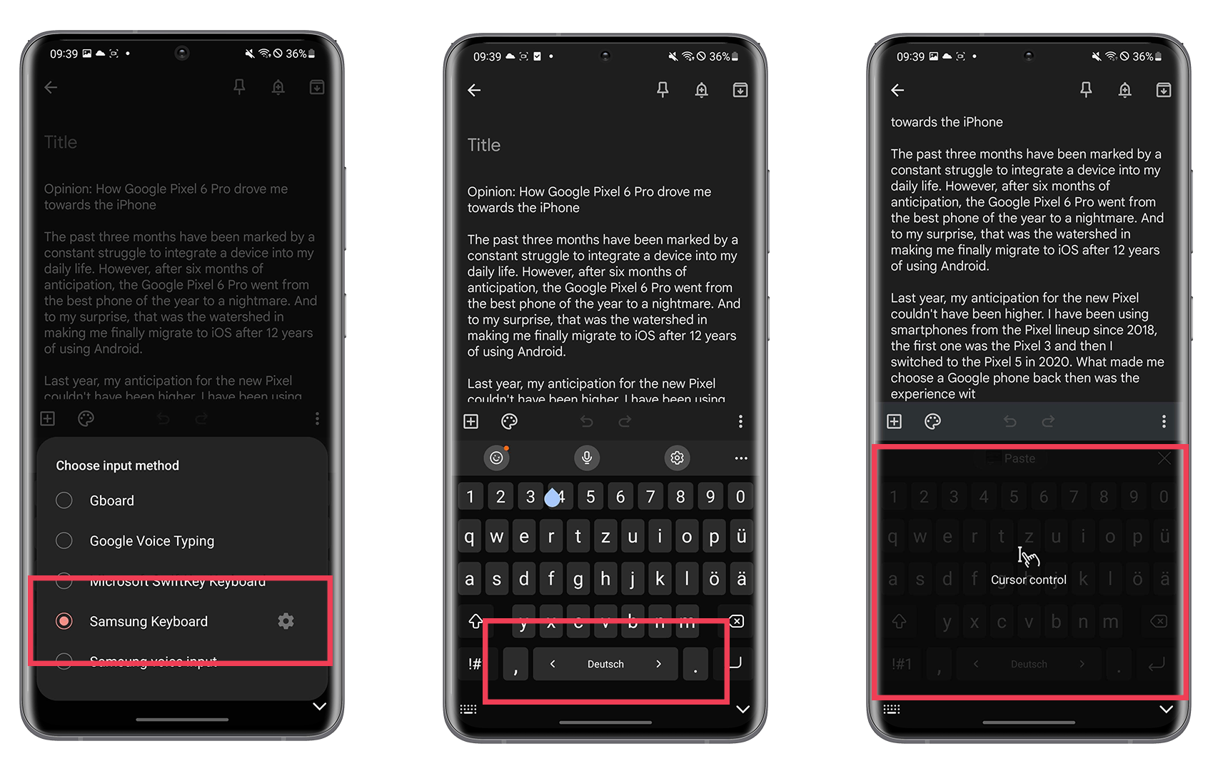 Screenshots showing how to use your Samsung keyboard as a trackpad
