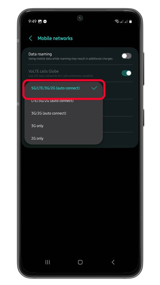 Changing the network type on a Samsung Galaxy