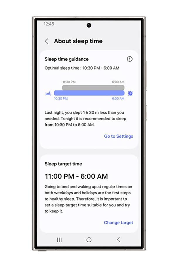 Samsung Health app screen showing sleep time guidance and target time recommendations.
