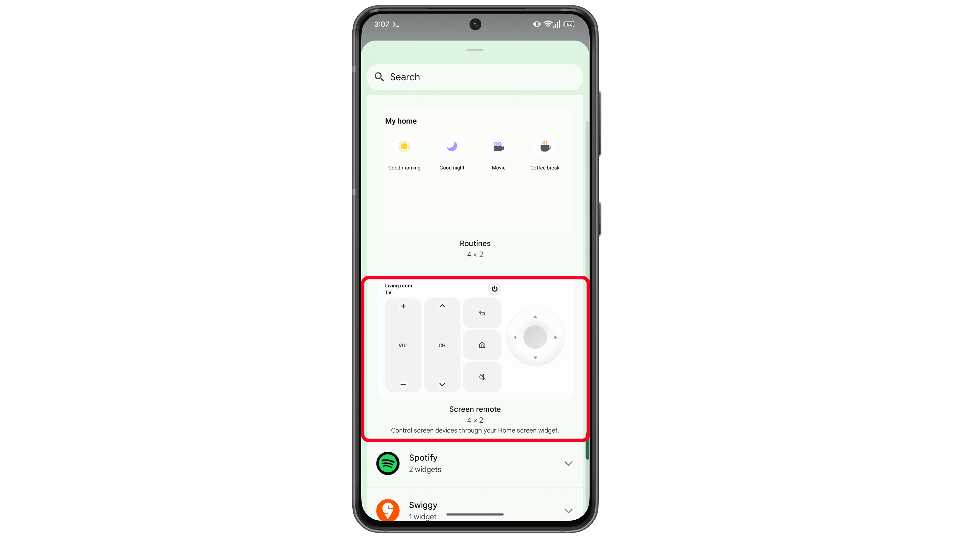 Samsung SmartThings app interface showing controls for a living room TV.