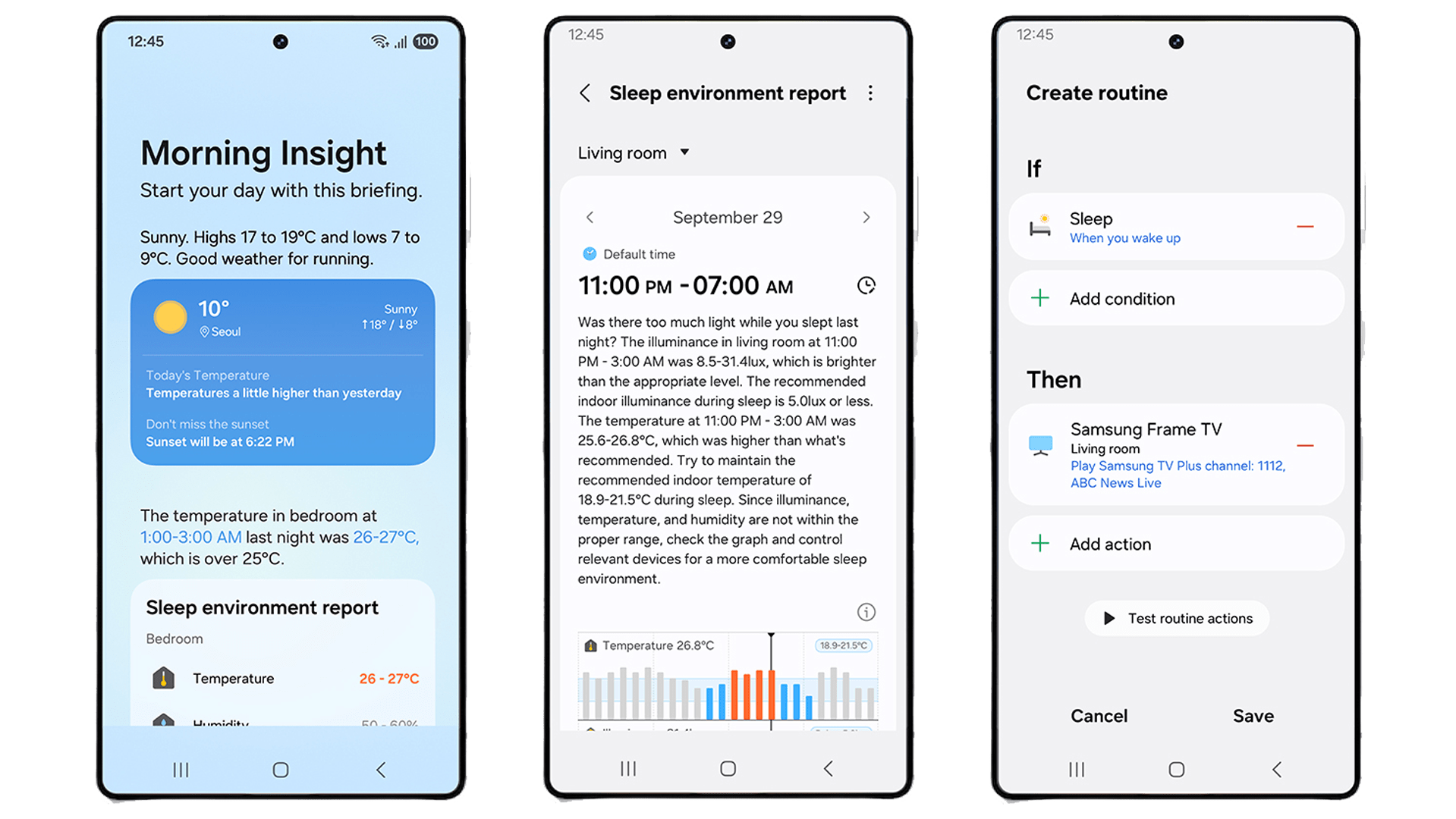 Three smartphone screens showing Samsung SmartThings features: Morning Insight, Sleep report, and Create routine.