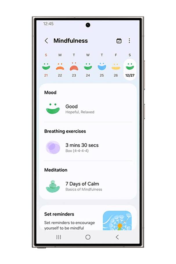 Samsung Health app mindfulness screen showing mood, breathing exercises, and meditation details.