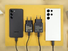 Samsung Galaxy S23 and S23 Ultra with their respective power adapters.