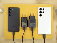 Samsung Galaxy S23 and S23 Ultra with their respective power adapters.