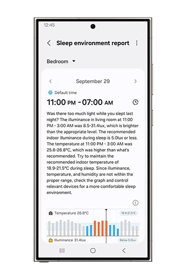 Samsung Health app sleep environment report showing data from September 29, 11:00 PM to 7:00 AM.