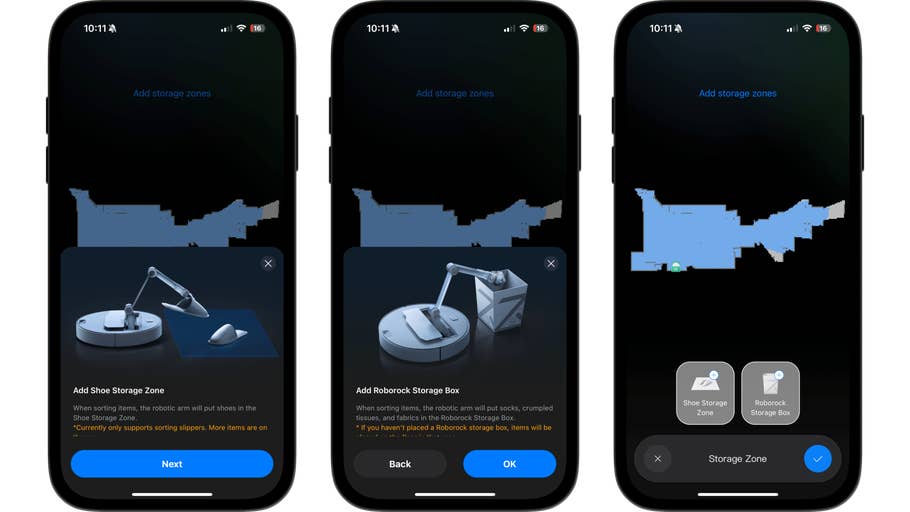Three smartphone screens show the user interface to set up the storage zone of the appliance.