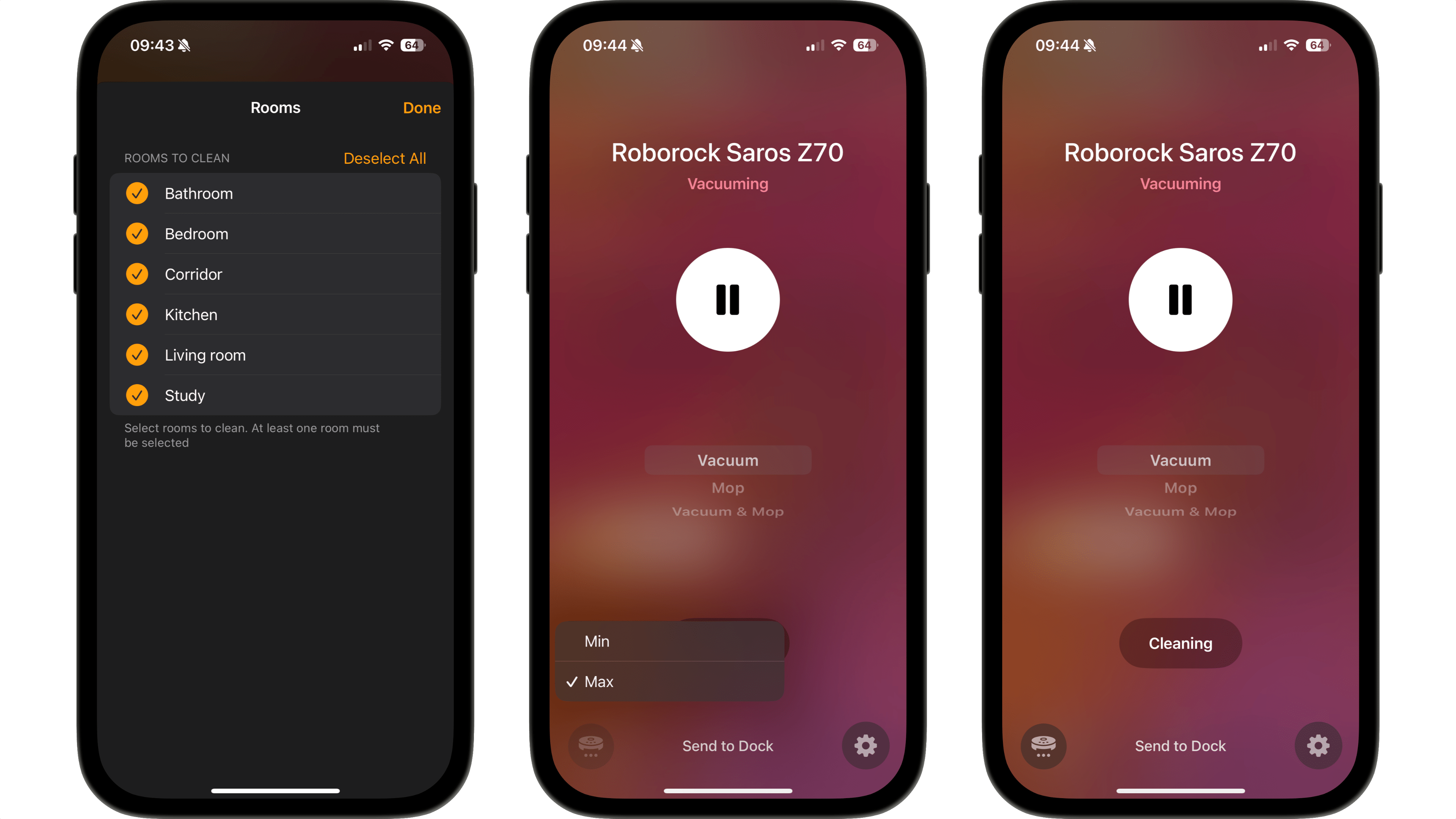 Roborock Saros Z70 app interface showing room selection and cleaning status.