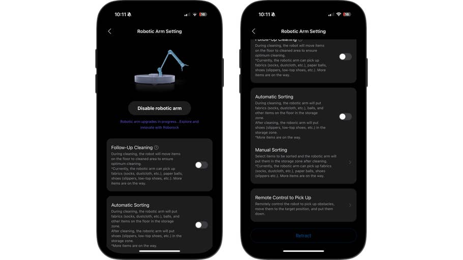 Roborock Saros Z70 robot arm settings user interface on a smartphone.