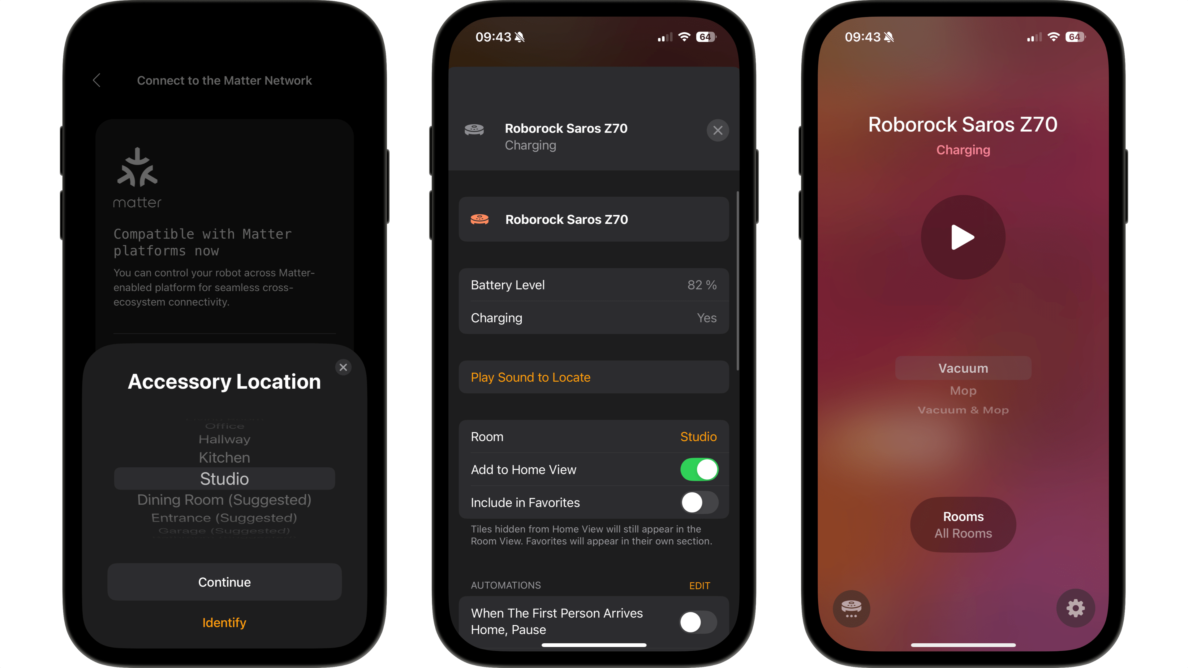 Roborock Saros Z70 app interface showing charging status and battery level.