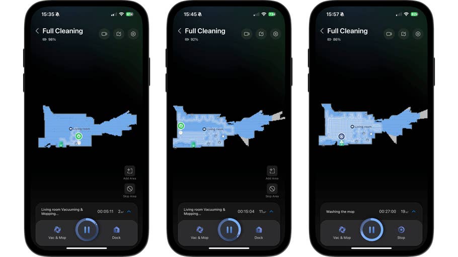 Three smartphones displaying the Roborock Saros Z70 cleaning app with maps and cleaning progress.