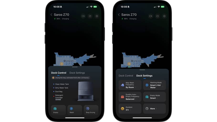 Roborock Saros Z70 app interface showing cleaning status and dock settings.