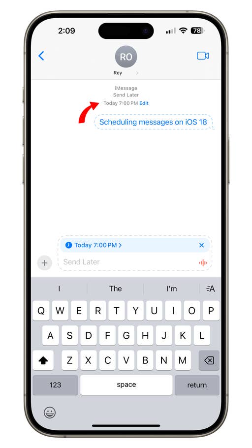 iPhone screen showing iMessage with u0027Scheduling messages on iOS 18u0027 and a send later option.