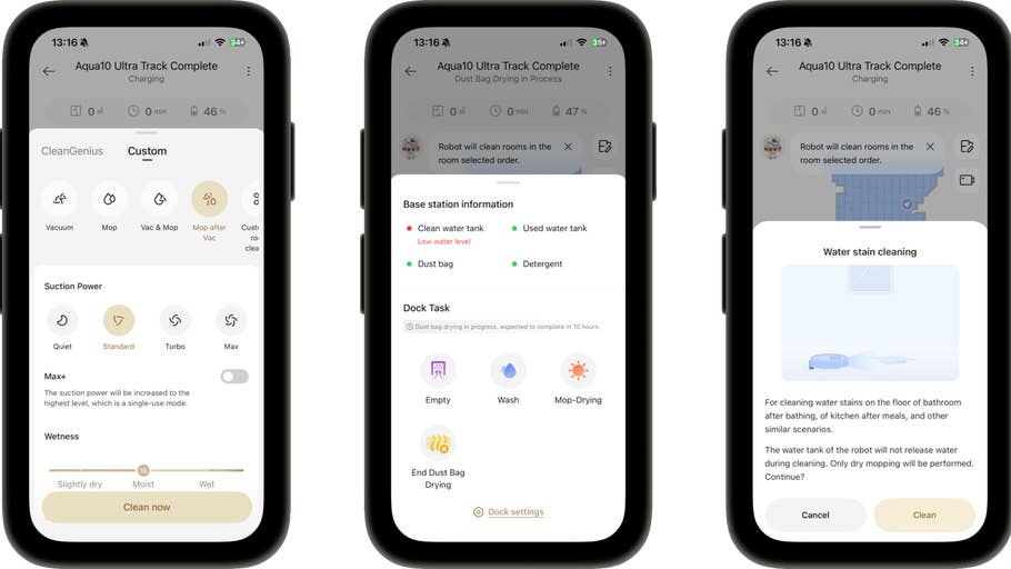 Three smartphone screens show the settings of the Aqua10 Ultra Track Complete app.