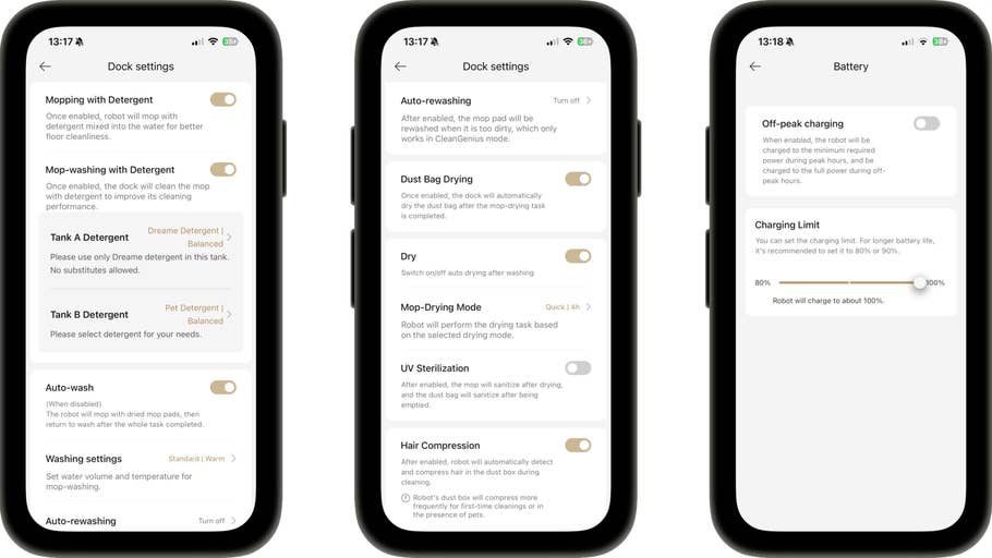 Dock settings for Dreame Aqua10 Ultra Track with options for mopping, drying and battery management.